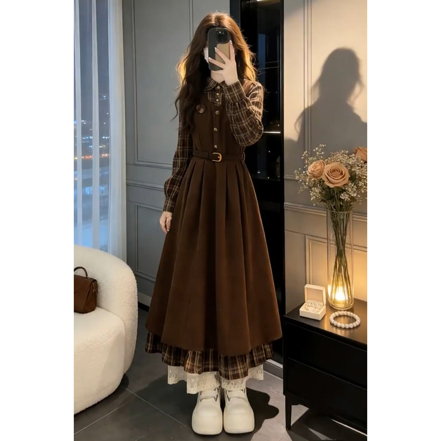 法式美拉德假两件衬衫连衣裙子女春季2026新款学院风收腰显瘦长裙