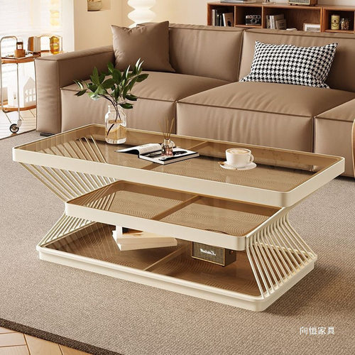 g7J奶油钢化玻璃茶几客厅家用小户型新款轻奢现代简约长方形茶桌