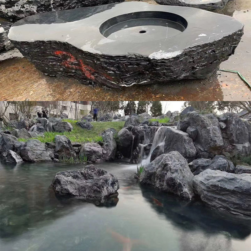 加工日式庭院景观石石枯山水野山石异型驳岸流水黑山石枯山水石