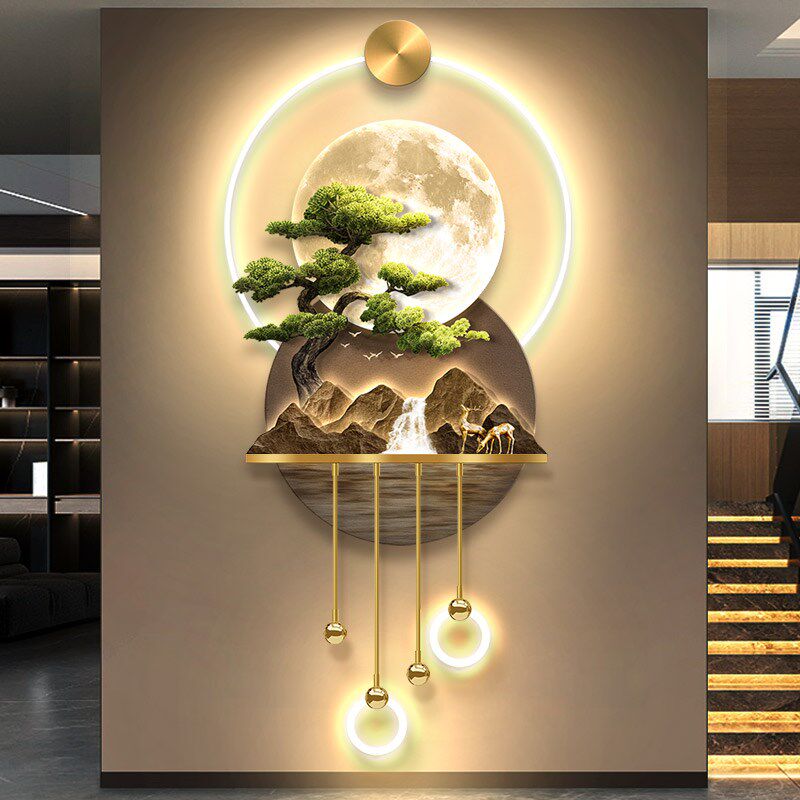 迎客松玄关发光九鱼装饰画轻奢LED灯光画福鹿走廊感应山水氛围灯