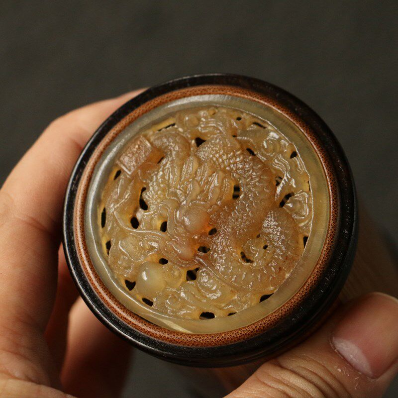精品纯手工制作老玉竹牛角蒙心蝈蝈罐镂空雕刻祥龙蛐蛐鸣虫罐