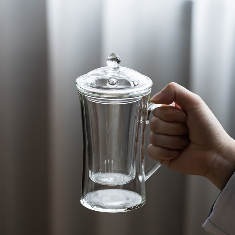 耐热玻璃茶杯带把手绿茶杯大容量专用家用透明杯子带盖茶水分离杯