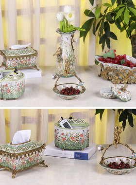 创意欧式果盘套装客厅装饰纸巾盒陶瓷茶几烟缸收纳盘美式花瓶摆件