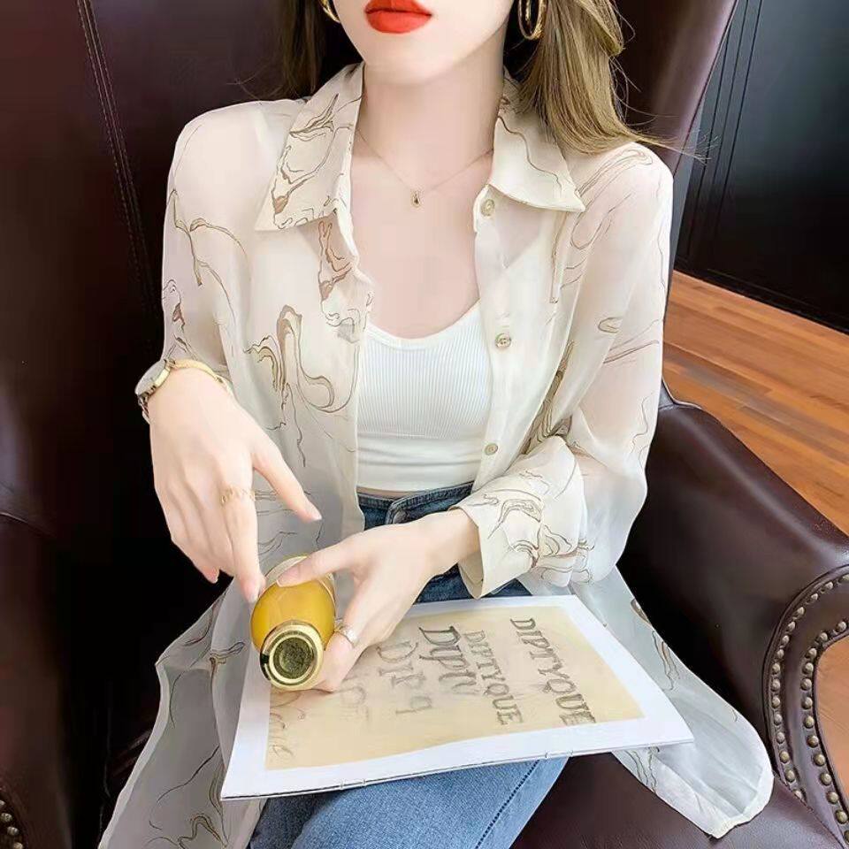 夏季灰色雪纺衬衫女装夏装2023年新款长袖上衣气质百搭防晒衫薄款