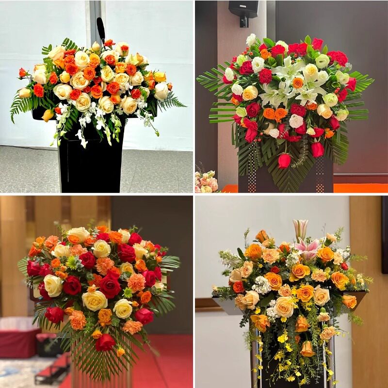 演讲台花艺餐桌花艺仿真玫瑰花束会议桌花布置会议仿真花商务宴会图片