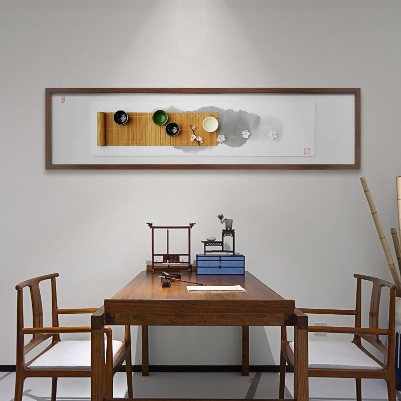 新中式茶室禅意背景墙装饰画办公室长条实物立体挂画书房横幅壁画