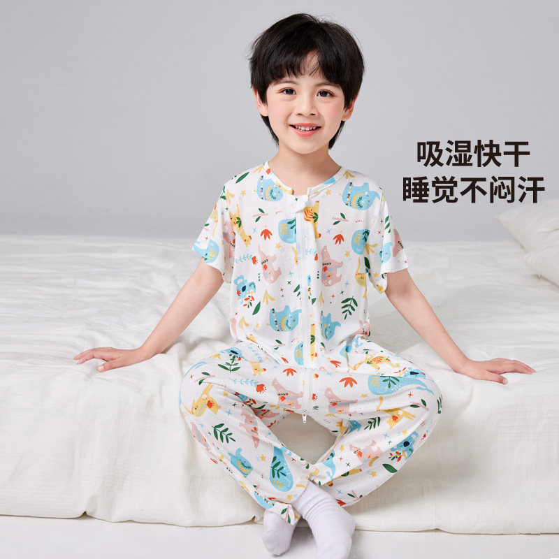 儿童夏季薄款连体睡衣男童竹纤维连身睡衣中大童家居服宝宝空调服