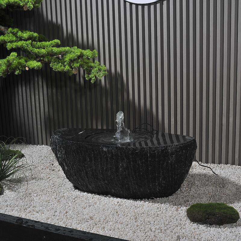 石雕日式石钵流水盆黑山石水钵景观禅意户外庭院大型石头喷泉摆件
