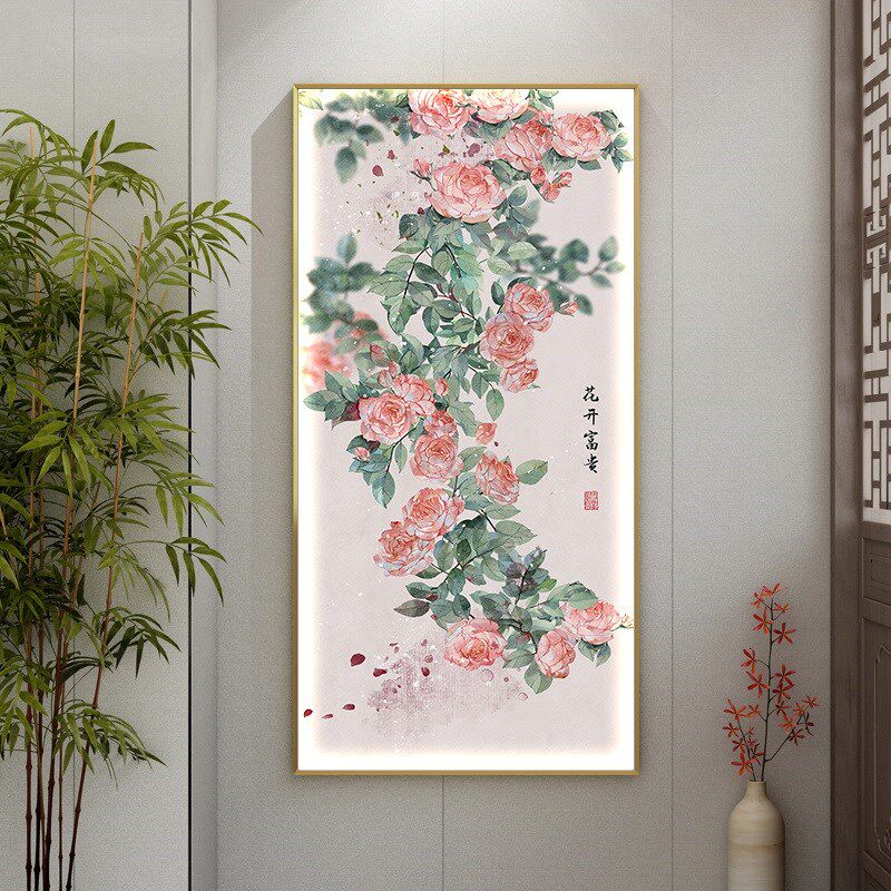 进户门正对玄关画转运桃花挂画竖走廊过道壁灯画楼梯拐角发光壁画