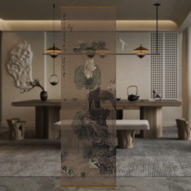 半透明荷花茶室透景屏风纱中式卷帘隔断帘挂帘水墨窗帘透光纱帘