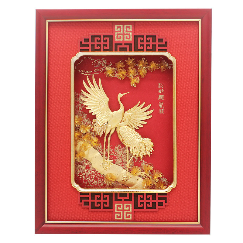 松龄鹤寿 创意长辈生日贺寿礼物 祝寿送老人家寿辰金箔画礼品摆件