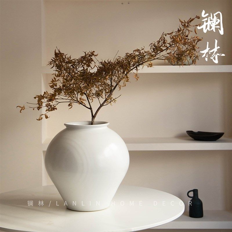 镧林新中式白色花瓶插花种树花盆侘寂风客厅民宿大号月亮罐白昼瓶