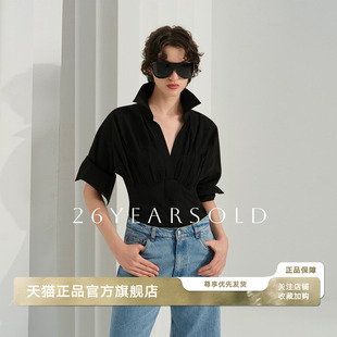 通勤显瘦女款 26YEARS 简约风收腰显瘦V领直筒时尚 衬衫 OLD褶皱长袖