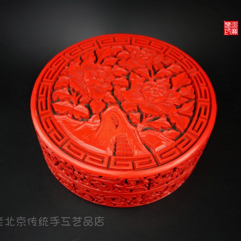 出国特色礼品创汇非遗老货天然大漆漆器剔红纯手工老雕漆捧盒摆
