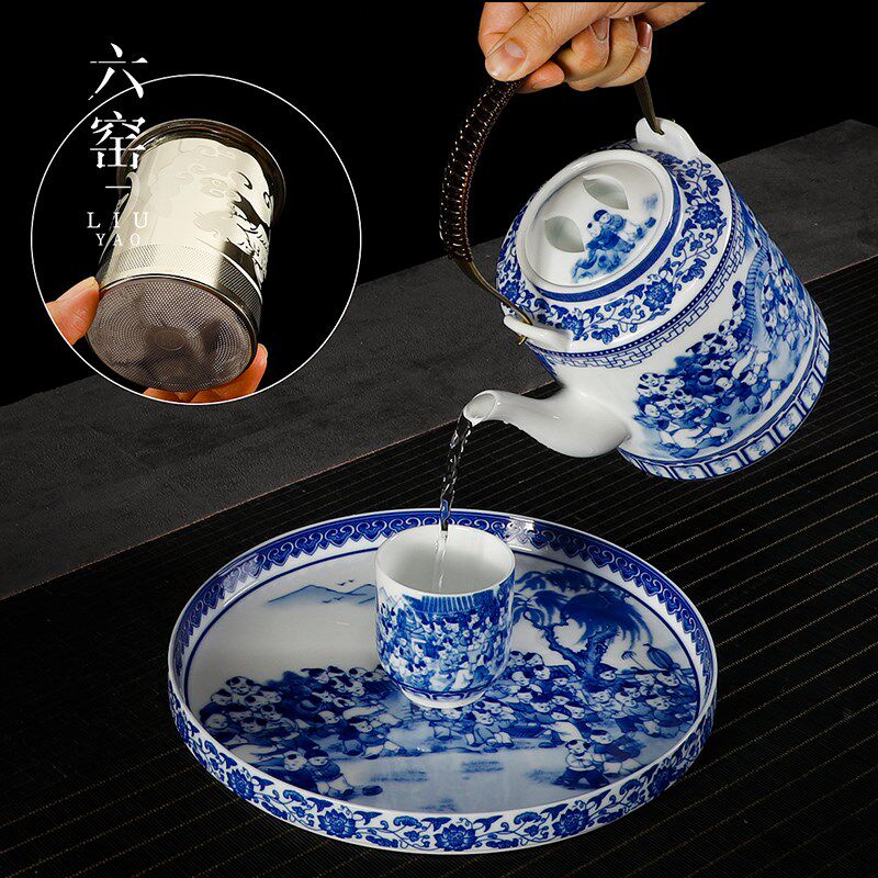 青花瓷百子图提梁壶陶瓷大号凉水壶家用泡茶壶茶杯功夫茶具整套装