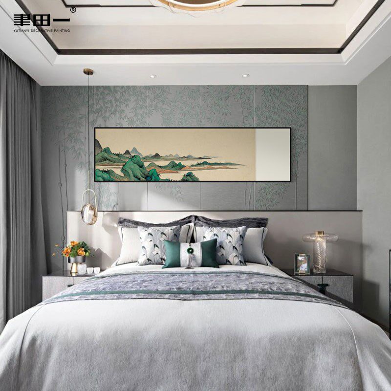 中式古典青绿山水客厅沙发背景墙横版装饰画水墨重彩写意国画挂画