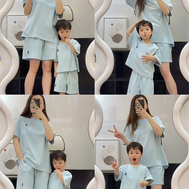 亲子装休闲套装母子母女一家三口夏装短袖T恤小学幼儿园演出服