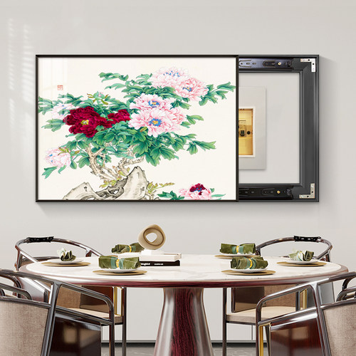 牡丹花开富贵新中式电表箱装饰画免打孔配电箱挂画餐厅画遮挡壁画
