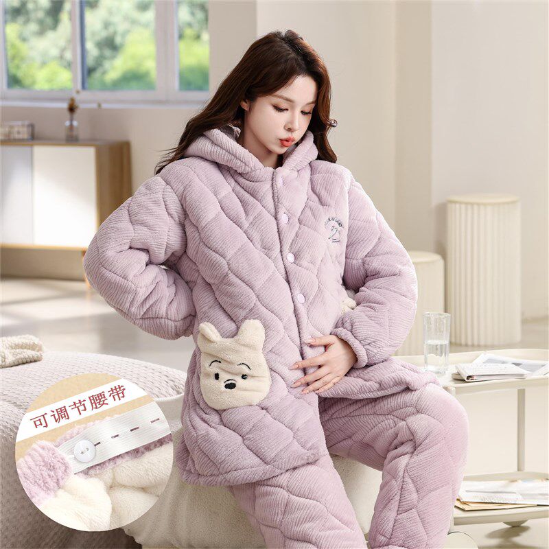 睡衣女冬季孕妇套装可调节三层夹棉加绒加厚家居服法兰绒月子服