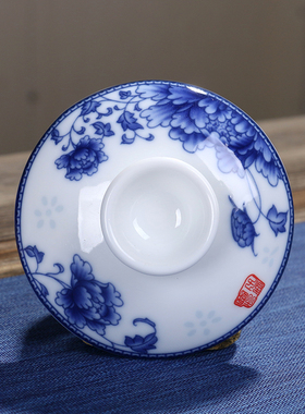 玲珑镂空盖子国色天香红色茶盖功夫茶具青花手绘茶碗盖子茶盖
