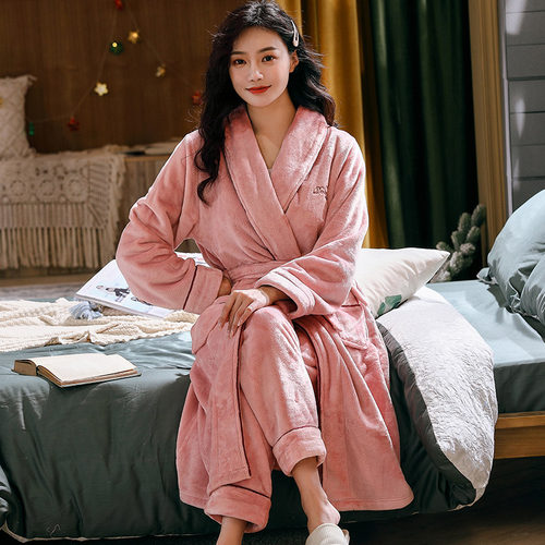 睡袍女士秋冬季珊瑚绒睡衣加厚长款浴袍春秋保暖法兰绒家居服套装