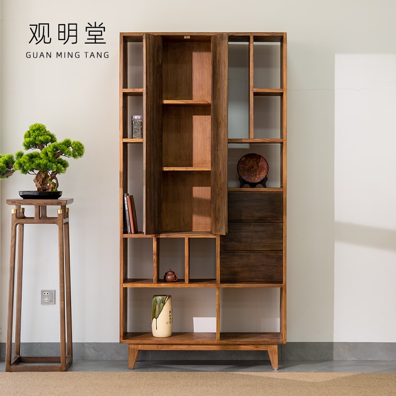 诧寂风博古架实木中式榆木展示柜茶叶柜多宝阁茶室置物架书架摆件