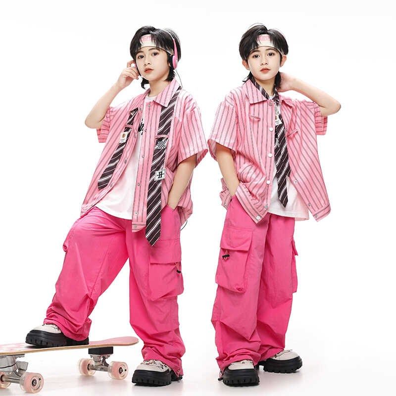 学院风男女童嘻哈粉色衬衣hiphop套装街舞儿童架子鼓合唱演出服装