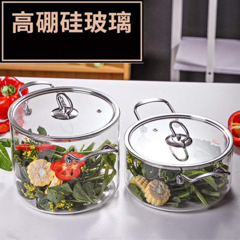 辅食玻璃蒸碗大容量高硼硅汤锅电陶炉加热煮面炖煮锅家用双耳铁把