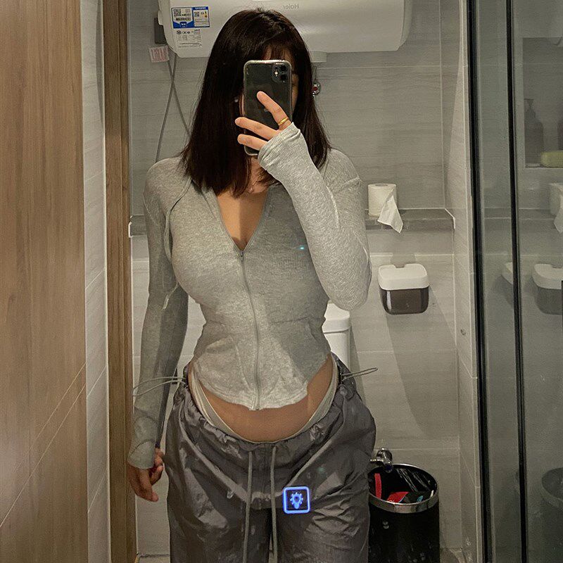 你伍老板娘 拉链防嗮衫欧美性感连帽薄款开衫长袖针织卫衣百搭