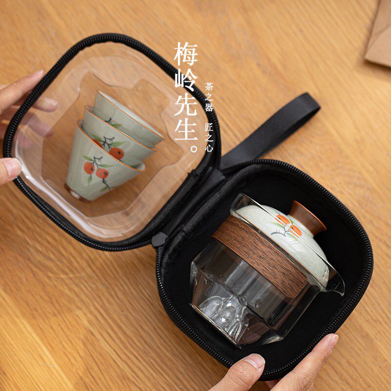 新款旅行茶具套装便携式快客杯青花瓷茶杯户外便携下午茶生日礼物