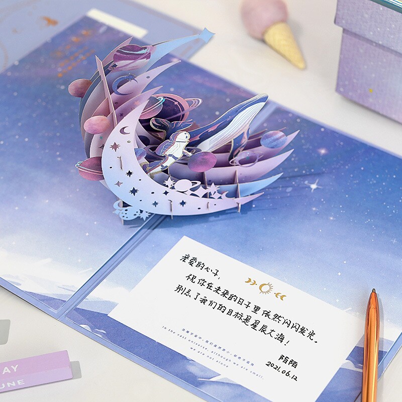 创意高级感3D纸雕立体小卡片节日祝福高档贺卡明信片生日礼物手写