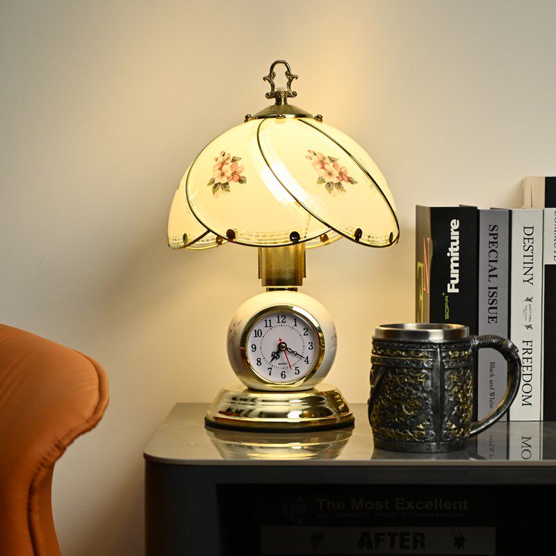 床头台灯欧式玻璃灯罩陶瓷灯体带静音钟表护眼灯高端高级轻奢台灯