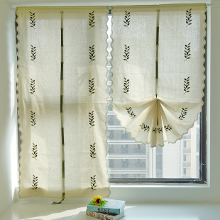 简约 餐厅窗帘免打孔安装 美式 乡村厨房魔术贴提拉帘橄榄刺绣拉卷式