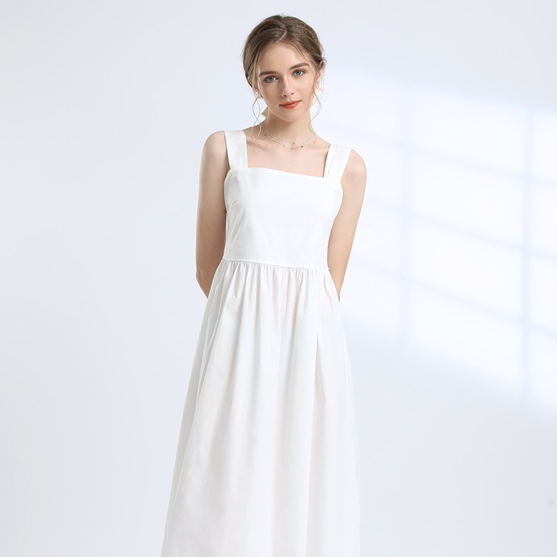 法式白色宽吊带背心纯棉连衣裙女夏季2024新款小个子中长吊带裙子