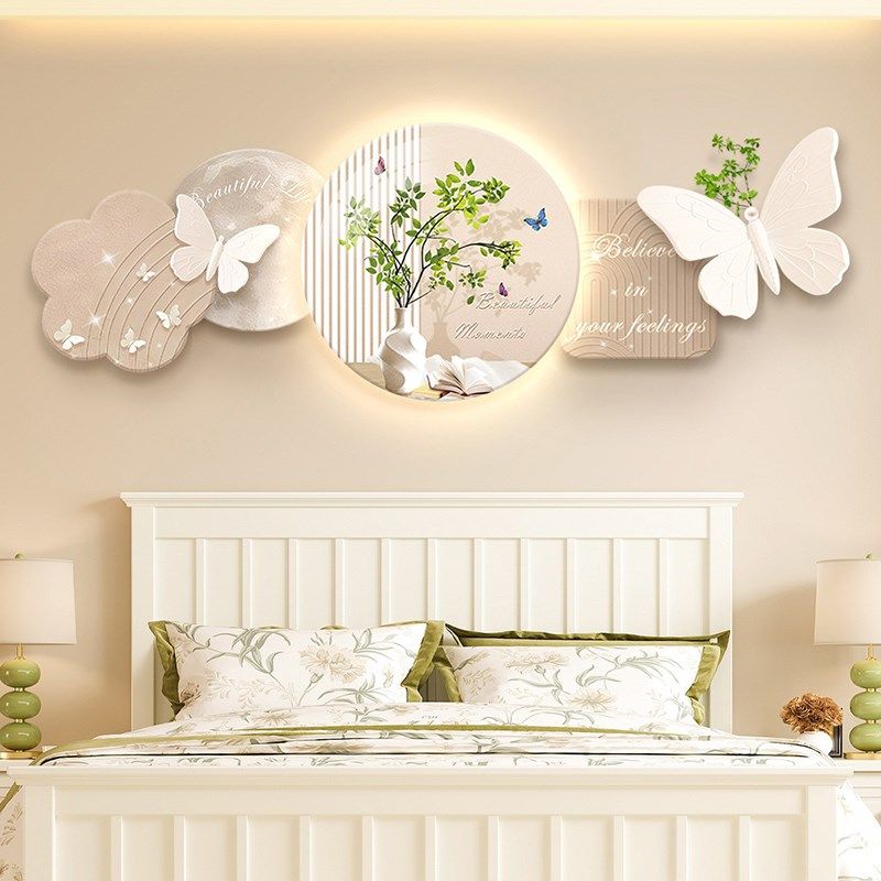 新款奶油风卧室床头挂画房间背景墙led氛围灯发光装饰画天鹅壁画