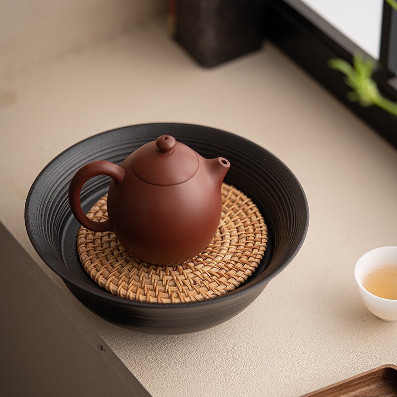 禅悟藤编壶承圆形茶承干泡台复古粗陶盛水盘功夫茶壶配件藤壶垫