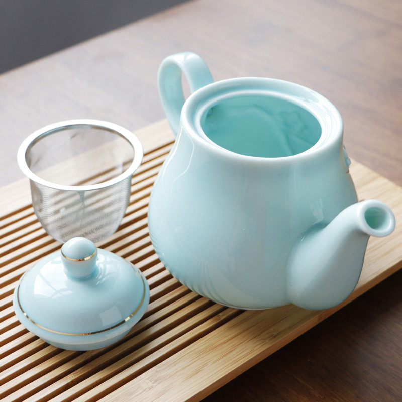 0.8L景德镇陶瓷茶壶水壶家用泡茶壶中式大号骨瓷吧白青瓷手绘描金