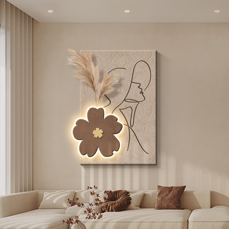 侘寂风人物客厅装饰画绿植沙发背景墙挂画简约奶油花卉玄关壁灯画