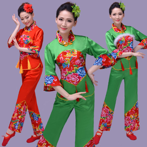 新款成人秧歌服女演出服扇子舞民族舞蹈表演腰鼓服中老年广场舞服