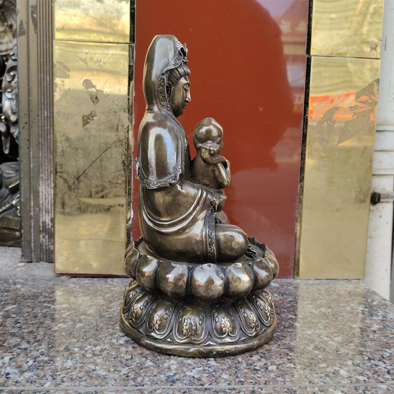 仿古铜观世音菩萨送子观音莲花坐像中式摆件铜童子观音高30公分