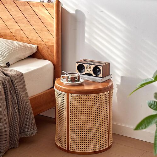 收纳篮日式脏衣篓藤编实木小茶几沙发圆边几创意收纳储物筒床头柜