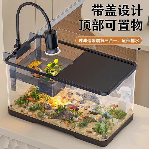 鱼缸小型客厅过滤制氧一体机混养乌龟饲养缸爬台桌面生态养龟专用