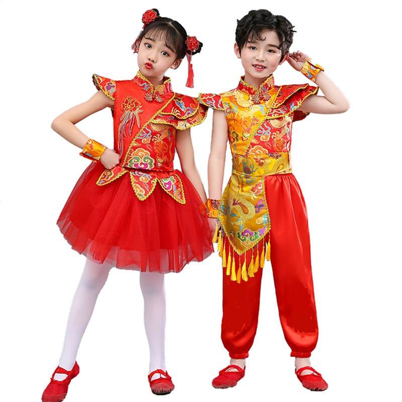 六一儿童喜庆中国风打鼓服开门红民族舞蹈服男女童腰鼓秧歌表演服