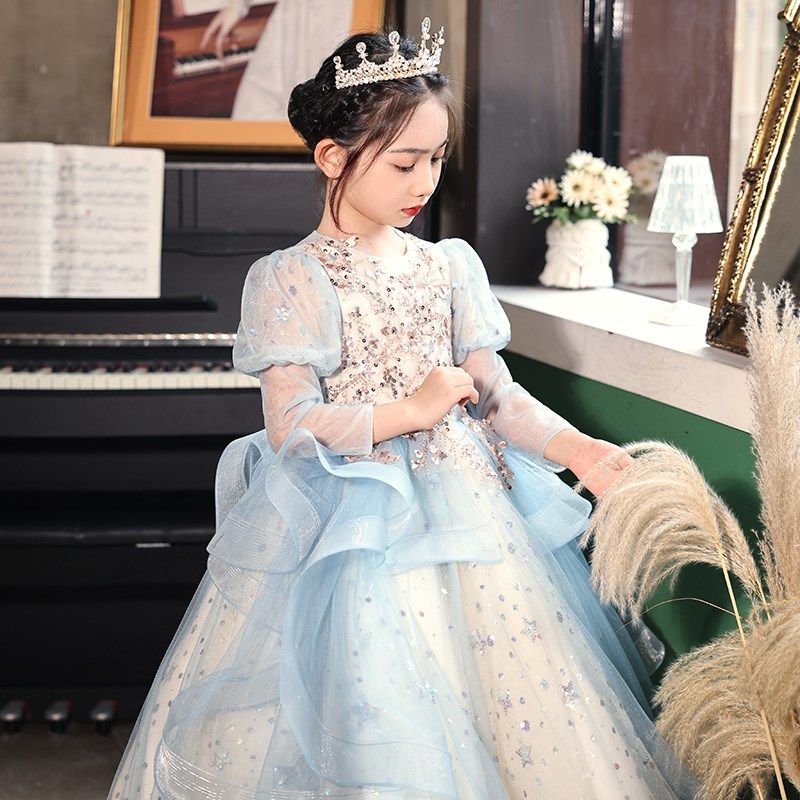 女童高端礼服公主裙生日蓝色花童婚纱主持人儿童钢琴演奏长袖秋冬