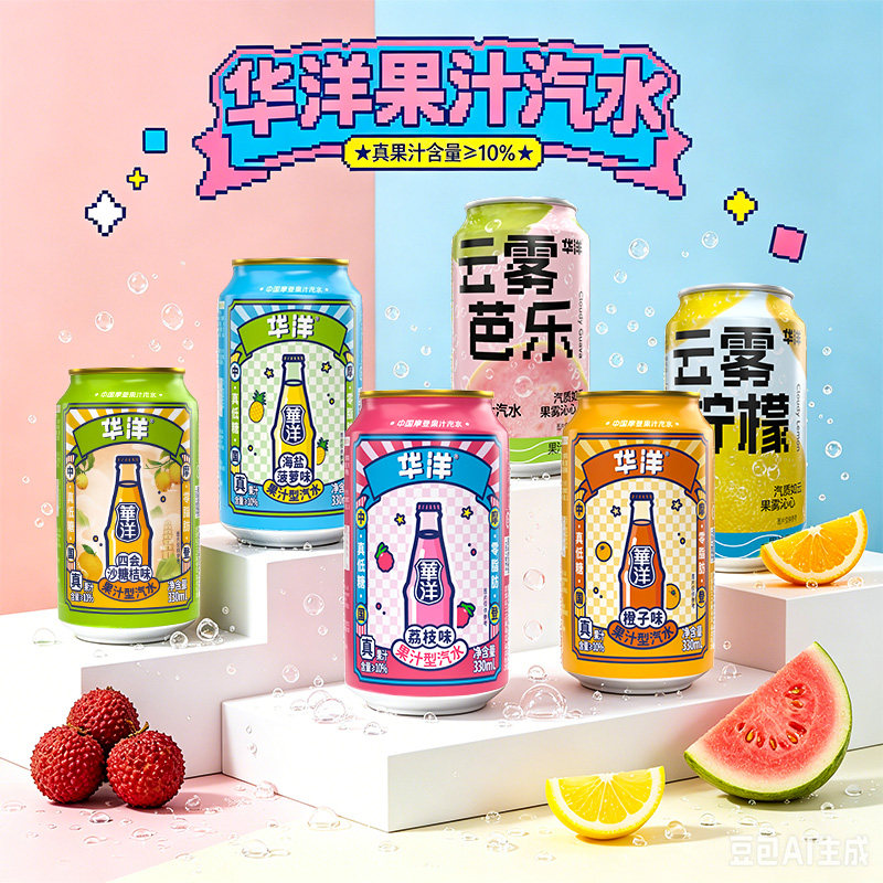 网红怀旧华洋 330ml 果汁汽水橙子荔枝砂糖橘罐装饮品26