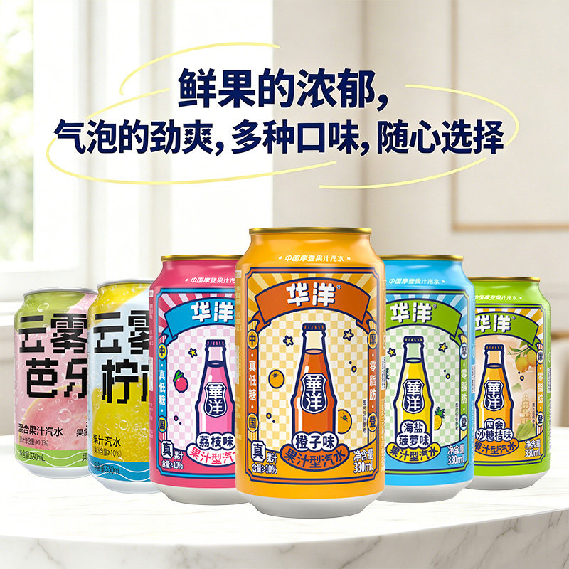 华洋海盐菠萝味汽水330ml真果汁低糖零脂碳酸饮料办公野餐便携装9