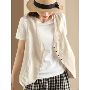 日系覆古亚麻马甲背心女夏季宽松外搭无袖开 衫薄棉麻坎肩外套上
