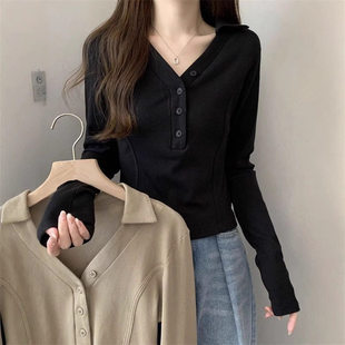 大码v领打底衫秋季女内搭胖mm显瘦修身黑色正肩t恤长袖短款上衣潮
