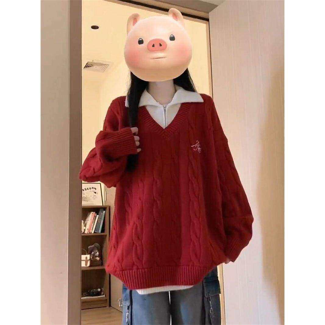 韩版甜美软糯POLO拼接翻领跨年红色毛衣秋冬季宽松保暖麻花针织衫