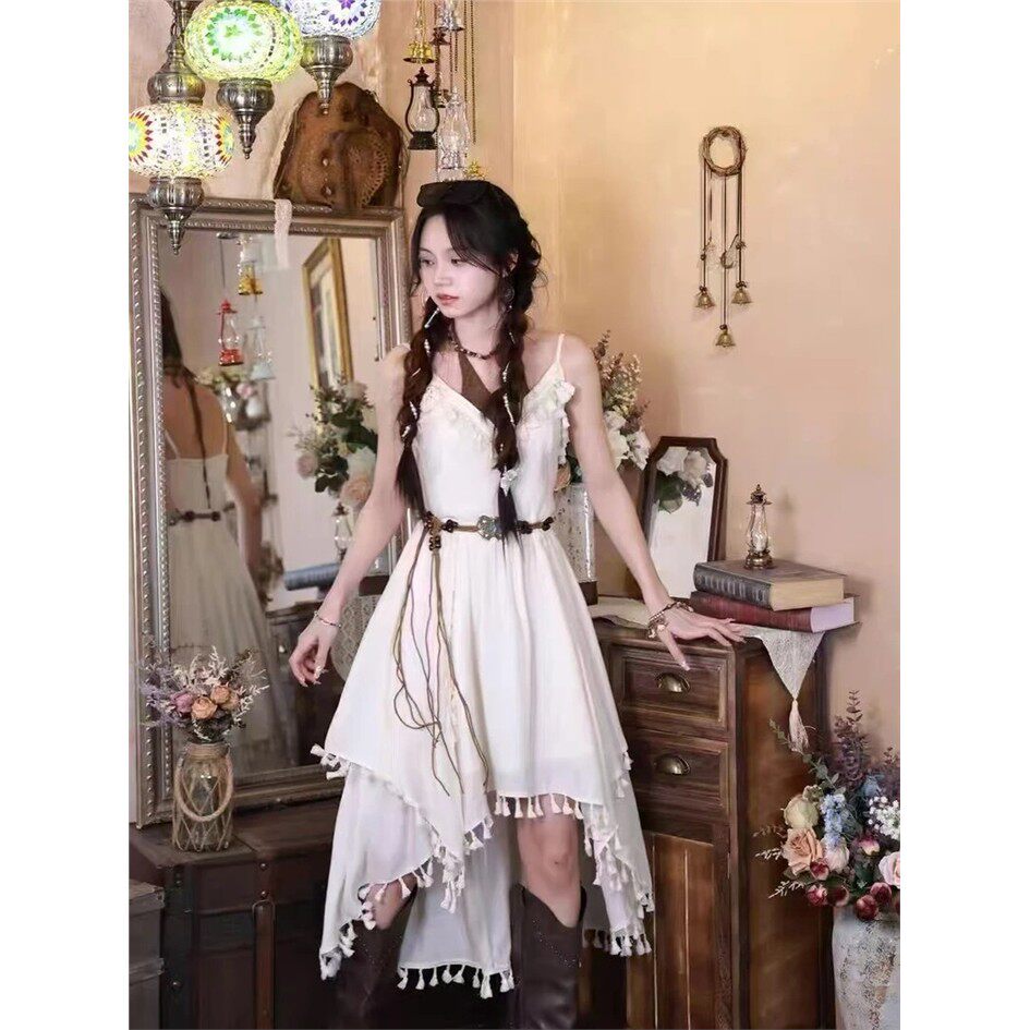 波西米亚流苏不规则挂脖吊带披肩套装女夏季2026新款度假风连衣裙